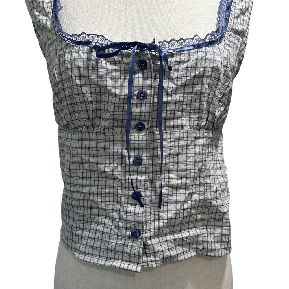 Pacsun Women's Top Medium Your Favorite Plaid Button Up Lace Trim Top Babydoll - Picture 5 of 12